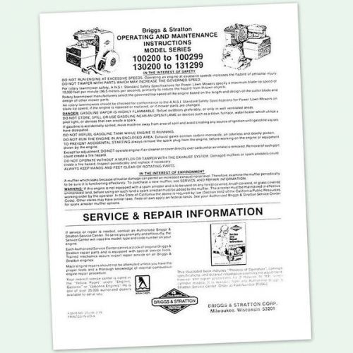 Briggs and stratton 5hp engine 130200 to 131299 operating manual operators point for sale