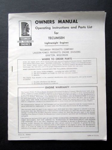Tecumseh Owner&#039;s Manual Parts List for Lightweight Engines 1971