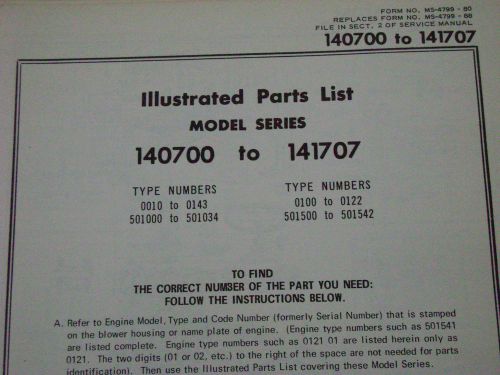 Briggs and stratton parts list model series 140700 to 141707 for sale
