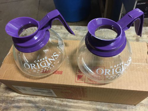 NEW PURPLE HANDLE GLASS COFFEE DECANTERS SET OF 2