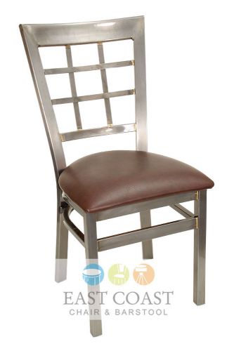 New Gladiator Clear Coat Window Pane Metal Restaurant Chair w/ Brown Vinyl Seat