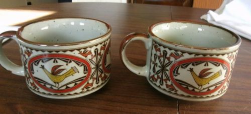 TWO Ironstone Soup Mugs, Rooster Design