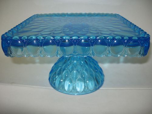 Square Aqua blue Glass cake serving stand plate platter pedestal raised tray art