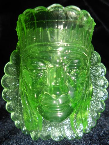Green Vaseline glass tabletop toothpick holder uranium Canary Indian head chief