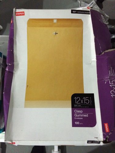 Staples 12&#034; x 15-1/2&#034; Brown Kraft Clasp Gummed Envelopes *New Box of 100*