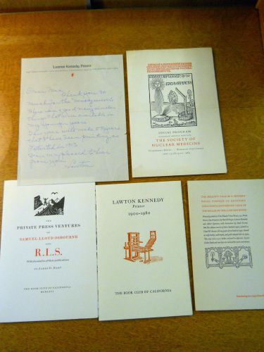 LAWTON KENNEDY FINE PRESS PRINTER LOT OF 5 ITEMS ALS PROSPECTUS PROGRAM LETTER