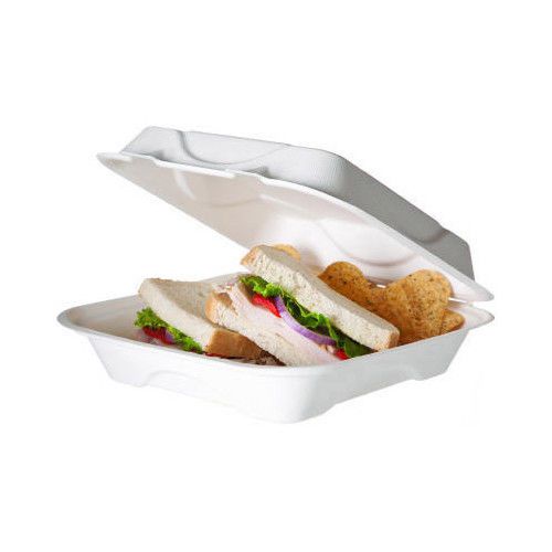 Eco-products, inc bagasse hinged 9&#034; clamshell containers in white set of 200 for sale
