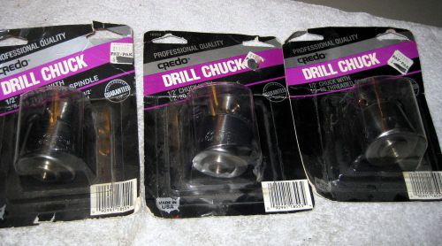 LOT OF THREE REPLACEMENT 1/2&#034; JACOBS DRILL CHUCKS BY CREDO, MADE IN USA