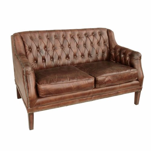 53&#034; Sofa Settee Distressed Cigar Brown Tufted Leather Contemporary
