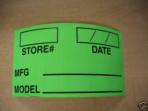 MANUFACTURER AND MODEL # Sticky Label.  Store #, Date, MFG, Model Info