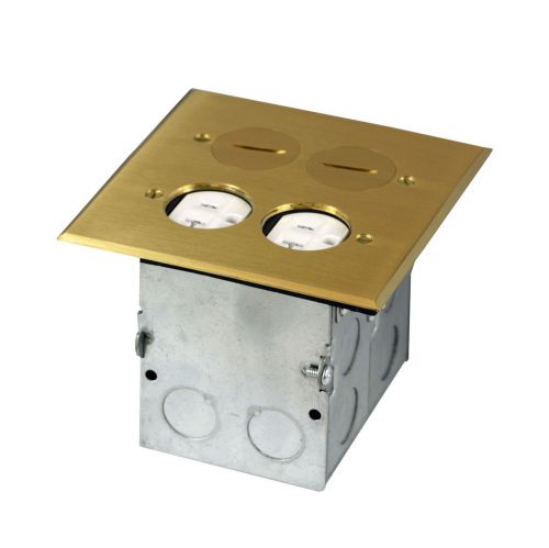 705510-C 2-Gang Divided Recessed Floor Box W/ 20A TWR Duplex Receptacle Brass