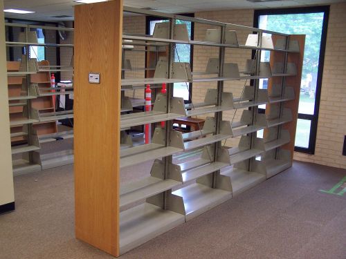 &#034;used&#034; lot of 5-  2 sided -6 shelf steel  library bookshelf w/outside oak panels for sale