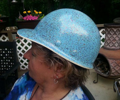Vintage ironworker&#039;s fiberglass blue glitter hard hat fibremetal --groooovy!! for sale