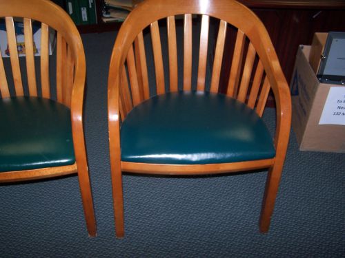 &#034;USED&#034; LOT OF 25   WOOD ARMCHAIRS W/ GREEN VINYL CUSHION SEAT-PICK UP ONLY