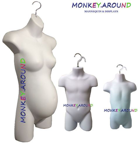 3 Mannequin Body Form White Pregnant Female Child Infant Display w/3 hook Hanger