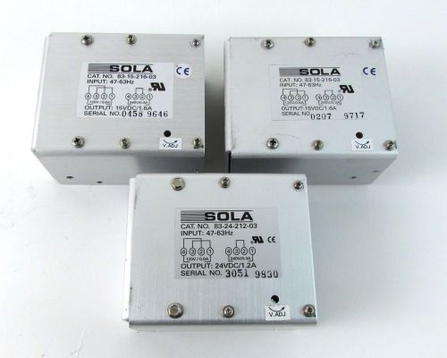 USED Lot of (3) Sola DC Power Supplies (1) 24 VDC/1.2A &amp; (2) 15VDC/1.6A