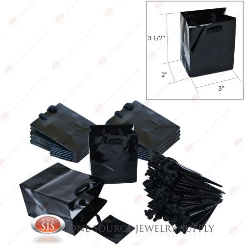25 Solid Glossy Black Finish Paper Tote Gift Merchandise Bags 3&#034; x 2&#034; x 3 1/2&#034;H