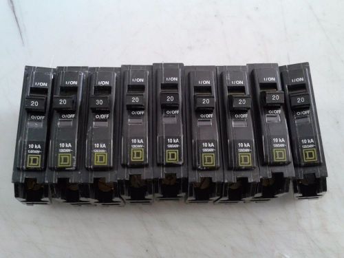 (Lot of 9) WORKING Square D - 20Amp Circuit Breaker QOB 1P 10KA @ 120V -  QOB120