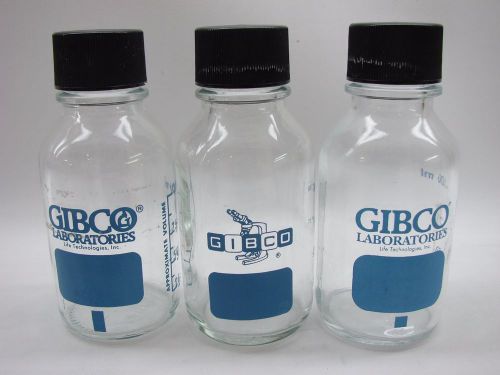 3 GIBCO LAB Clear Glass Bottles &amp; Caps 100mL Blue Graduations t170