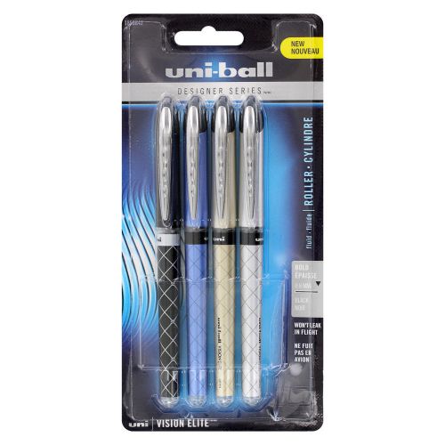 Uni-ball Vision Elite Designer Roller Ball Pens, Black Ink, Bold Point, 4/Pack