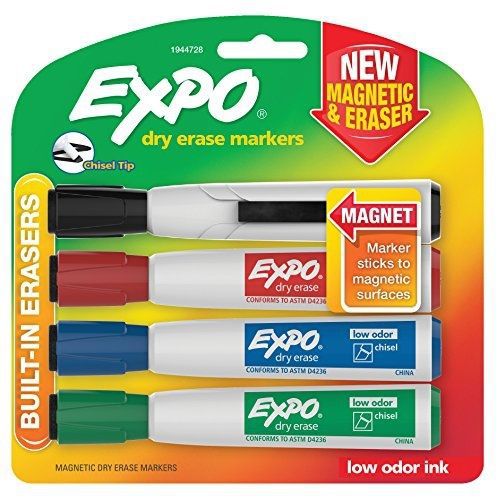 Expo magnetic dry erase markers with eraser, chisel tip, assorted, 4-pack for sale