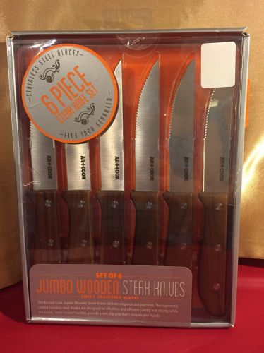 6 NEW Jumbo Wooden Steak Knives Stainless Steel Serrated Art and Cook