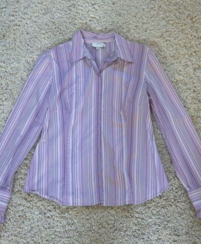 Tahari ASL Purple Striped L/S Blouse Top LARGE ~ ruffled cuffs, stretchy shirt