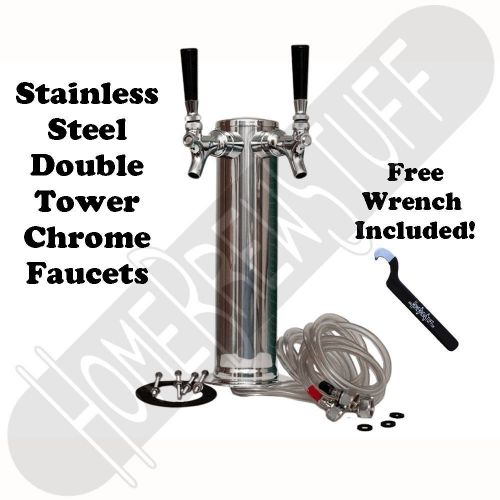 Double 2 Tap Stainless Steel Draft Beer Tower Kegerator Dual Chrome Faucets