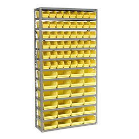 13 shelf steel shelving with (72) 4&#034;h plastic shelf bins, yellow, 36x12x72 for sale