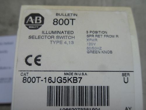 (RR2-1) 1 NIB ALLEN BRADLEY 800T-16JG5KB7 ILLUMINATED GREEN SELECTOR SWITCH
