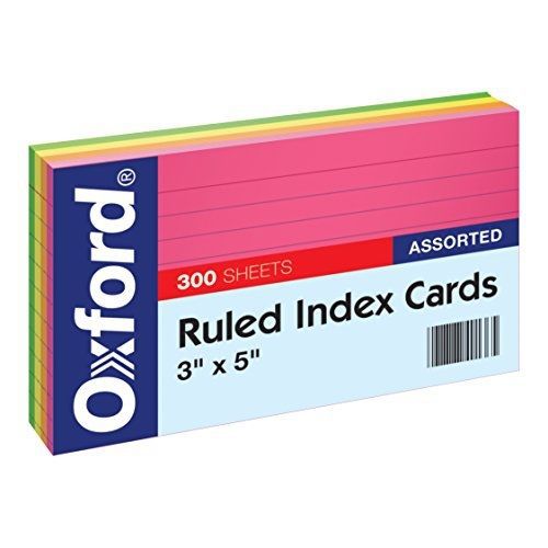 Oxford Ruled Index Cards, 3&#034; x 5&#034;, Assorted Glow Colors, 300/Pack (81300EE)