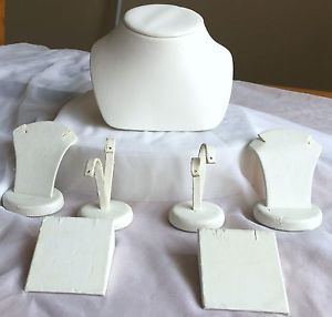 LOT 7 Leather WHITE: 1 Mid NECK, 4 Small Pendant &amp; 2 Small Earrings Displays