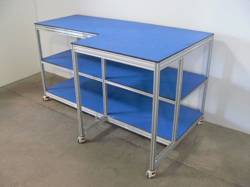 Aluminum rail type modular work / lab table bench, blue top &amp; casters 67&#034; x 24&#034; for sale