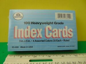 Vintage Ampad 100 HeavyWeight 3 x 5&#034; Color Index Cards Made in USA New &amp; Sealed