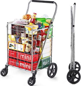 Grocery Shopping Cart With Swivel Wheels Foldable And Collapsible Utility Cart