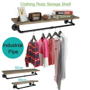 Industrial Pipe Clothes Towel Rack Wood Shelves Shelf Holder Wall-mounted