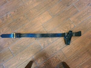 Patent Leather Duty Belt With Brass Buckle, Holster And Belt Keepers