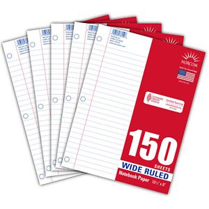 Norcom 5-Pack Filler Paper, 150 Sheets, Wide Ruled, 10.5&#034; x 8&#034;