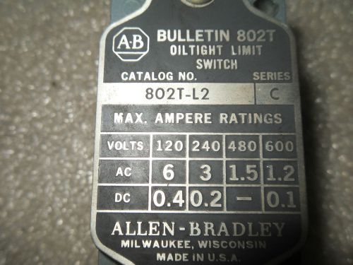 (V13-3) 1 USED ALLEN BRADLEY 802T-L2 OILTIGHT LIMIT SWITCH