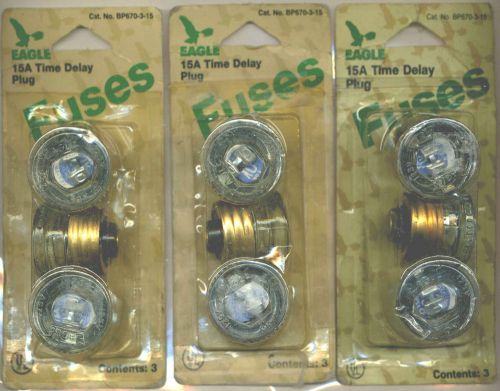 Lot of Nine (3 packages) Eagle  Electric Time Delay 15A  Plug Fuses Bp670-3-15