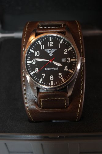 Army watch, german air force, black,  bund leather strap, brown, c1-lighting for sale
