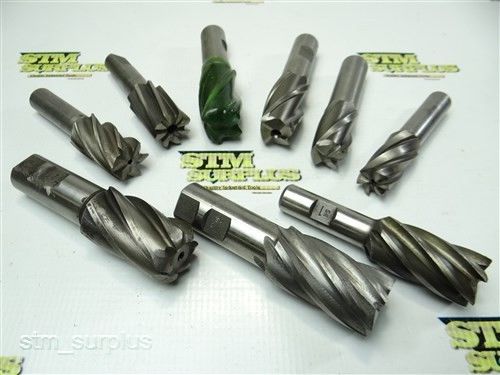 NICE LOT OF 9 HSS STRAIGHT SHANK END MILLS 1&#034; TO 1-1/4&#034; WITH 5/8&#034; TO 7/8&#034; SHANK