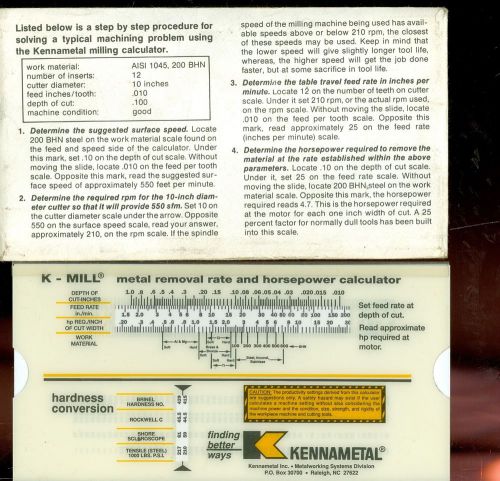 KENNAMETAL METAL REMOVAL RATE AND HORSEPOWER CALCULATOR -  SLIDE CHART
