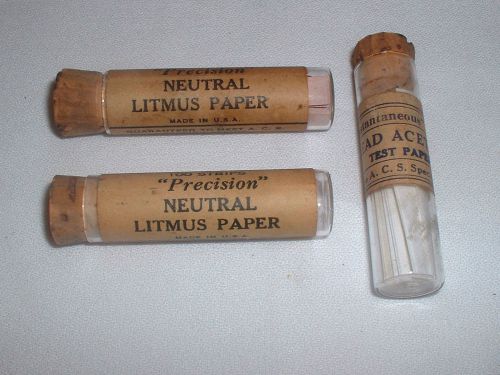 Vintage glass vials 2 with neutral litmus paper &amp; 1 with lead acetate test paper for sale