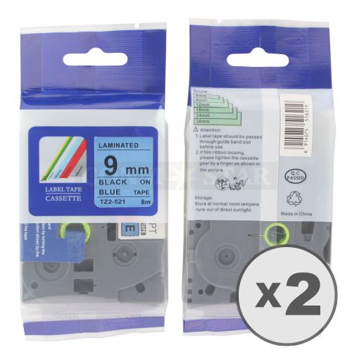 2pk Black on Blue Tape Label Compatible for Brother P-Touch TZ TZe 521 9mm 3/8&#034;