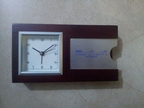 BROWN DESK CLOCK WITH BUSINESS CARD HOLDER AND ALARM MADE OF WOOD ,METAL,GLASS