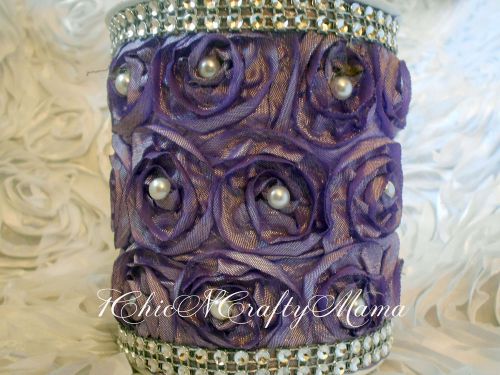 Lavender satin rosette fabric bling &amp; pearls pencil pen makeup holder for sale
