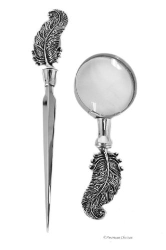 Metal Art Feather Desk Set with Magnifying Glass and Letter Opener - Gift Boxed