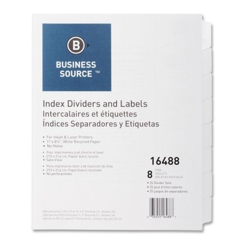 BSN16488 Index Dividers, Unpunched, 8-Tab, 25 Sets/BX, White