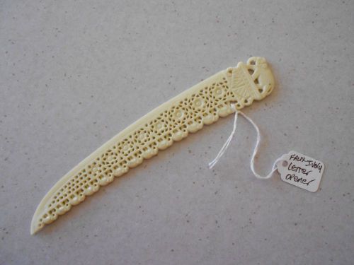 Faux Ivory vintage letter opener elephants &amp; flowers (white plastic) approx 7&#034;